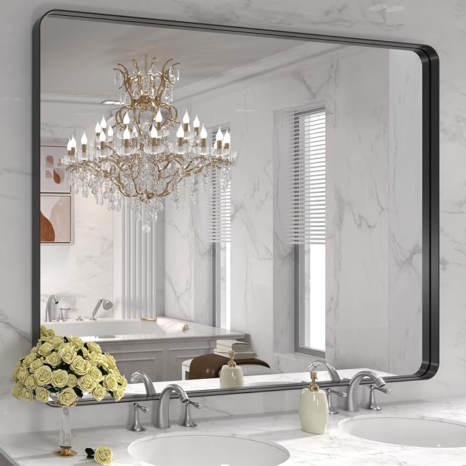 LOAAO 48x36 Inch Black Bathroom Mirror Metal Framed | Matte Black, Rounded Rectangle, Anti-Rust, Tempered Glass, Hangs Horizontally or Vertically