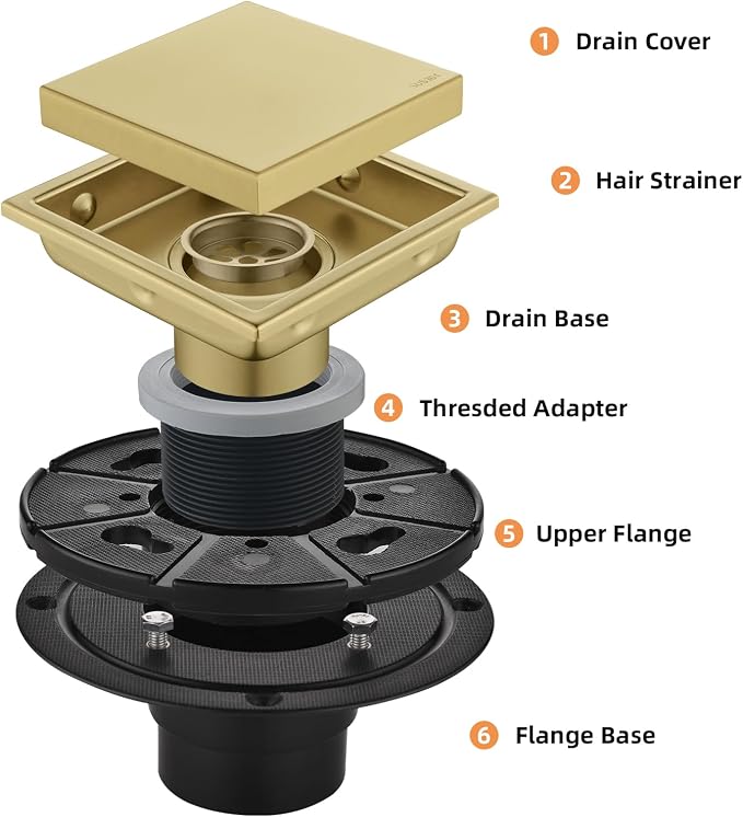 4-Inch Square Shower Drain, Brushed Gold Floor Drain with Flange, 304 Stainless Steel Bathroom 2-in-1 Tile Drain