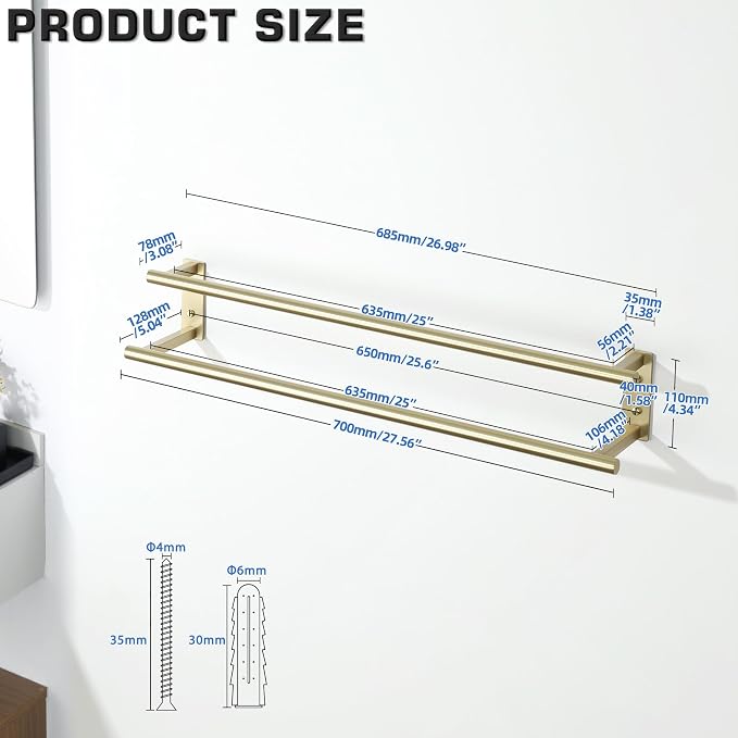 Alise 28‘’ Double Towel Bar for Bathroom Wall Mounted, Brushed Gold | SUS304 Stainless Steel, Bathroom Towel Holder Towel Hanger, Towel Racks for Bathroom, Labatory, Tower Drying Rack Towel Rail