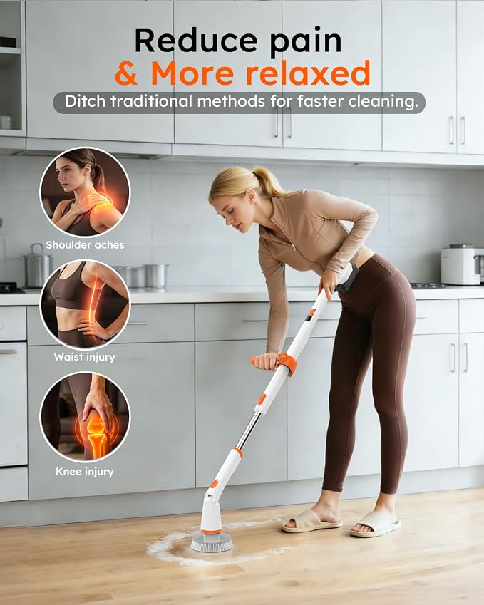 Electric Spin Scrubber,1500RPM Powerful Cleaning Brush for Home | Powerful 1500 RPM cleaning; 4000 mAh rechargeable battery; seven replaceable brushes for bathtub, tile, floor & shower