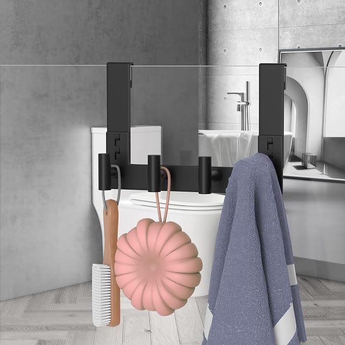 WUIVIUT Over Glass Shower Door Hooks, Heavy-Duty Frameless Bath Hanger for Robes, Towels Hook, Fits 3/8" (10mm) Thick Shower Glass (T Shape, 4 Hook)