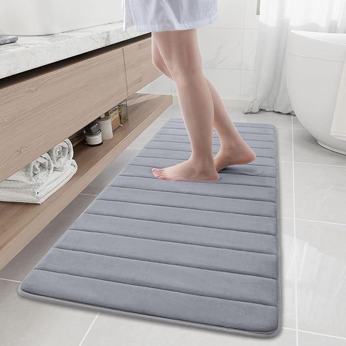 Buganda Memory Foam Bath Mat 59 x 20, Ultra Soft Absorbent Bathroom Rugs | Medium Grey, Machine Washable Quick Dry Bath Mats for Bathroom Floor, Shower and Tub, Home Decor Accessories