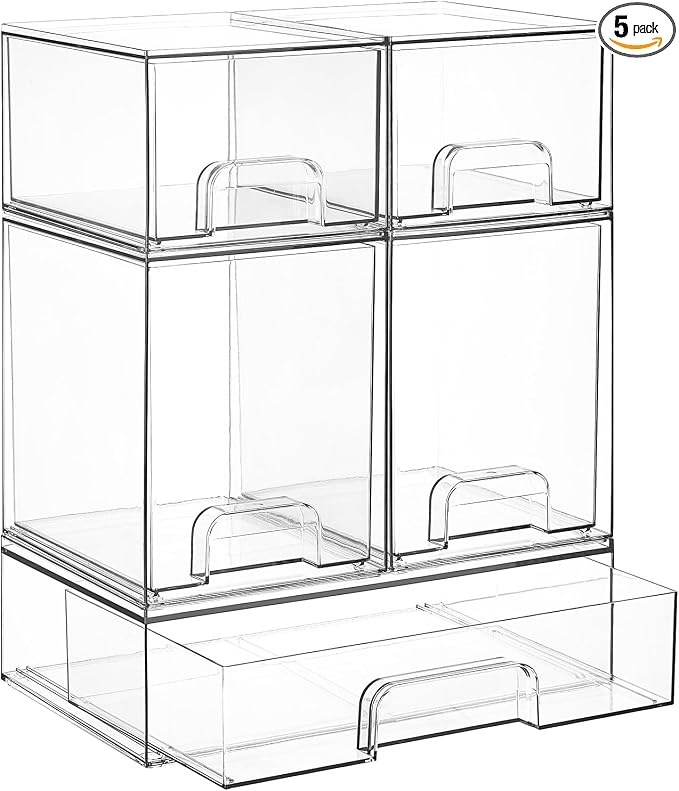 Vtopmart Stackable Storage Drawers Set of 5, Clear Plastic Organizer Bins for Baby Bottle, Beauty Supplies Storage, Ideal for Kichen Countertop, Vanity, Bathroom, Cabinet, Pantry Organization