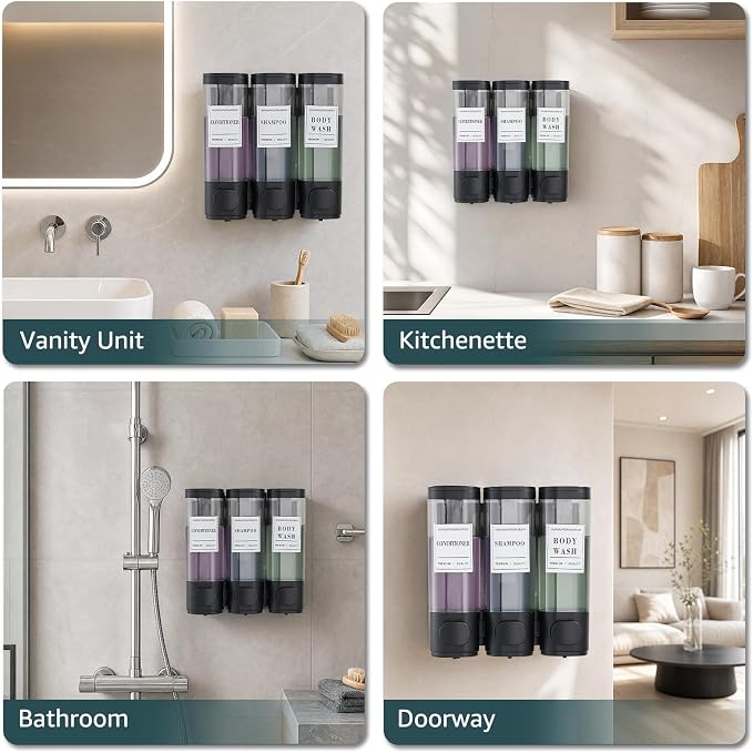 Pollock Shampoo and Conditioner Dispenser,Black 3 Chamber*300ml | Shower Soap Dispenser No Drill,Shampoo Body Wash Conditioner for Bathroom Large Capacity