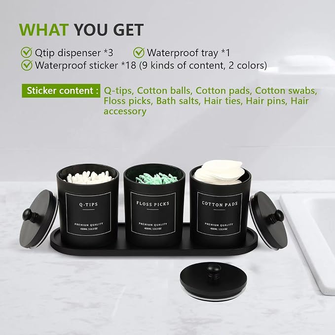 eggs sound 3 Pack Qtip Holder - Bathroom Organizers and Storage, Cotton Round Holder Cotton Swab Ball Dispenser Holder with Tray, Glass Apothecary Jars with Lids, Floss Pick Containers -black black