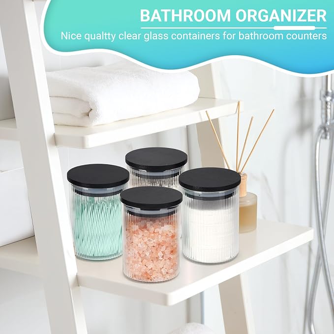 BKYFPQ 2 Pack Glass Qtip Holder Dispenser for Cotton Ball,Swab,Pads,Floss | Apothecary Jars with Lids,Vanity Makeup Organizer and Bathroom Canister Storage Organizer
