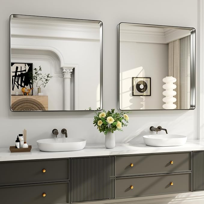 LOAAO 36X36 Inch Brushed Nickel Bathroom Mirror, Rounded Rectangle Silver Metal Frame Mirror, Brushed Nickel, Anti-Rust, Shatter Proof, Hangs Horizontally or Vertically | Rounded Rectangle, Silver Metal Frame, Anti-Rust, Tempered Glass, Hangs Horizonta...