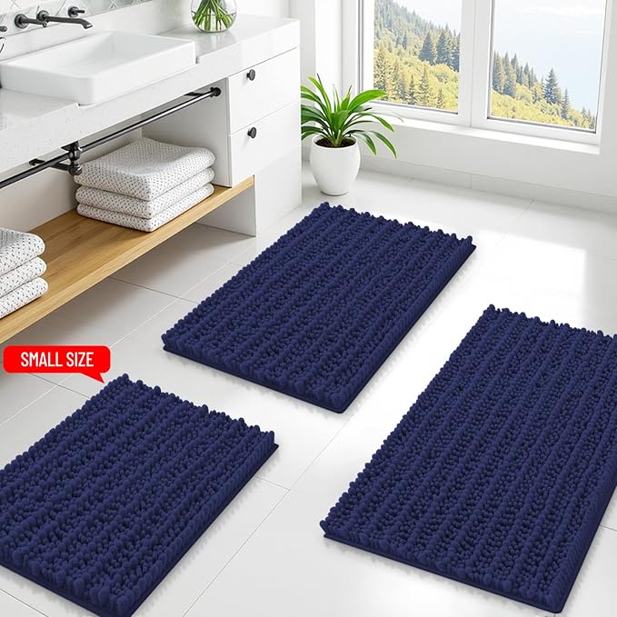 Smiry Bathroom Rugs 44X24, Extra Soft Rubber Backing Chenille Bath Mats | Deep Blue Machine Washable Non Slip Quick Dry Bath Mats for Bathroom Floor, Tub, Shower, Home Decor Accessories