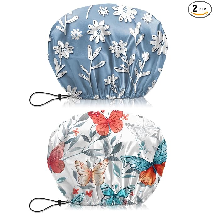 2 PCS Shower Cap Waterproof Double Layer Elastic Adjustable Reusable Hair Bath Caps for Girls Women Cute Aesthetic-Butterfly Flowers