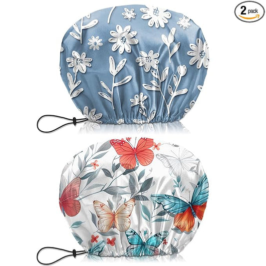 2 PCS Shower Cap Waterproof Double Layer Elastic Adjustable Reusable Hair Bath Caps for Girls Women Cute Aesthetic-Butterfly Flowers