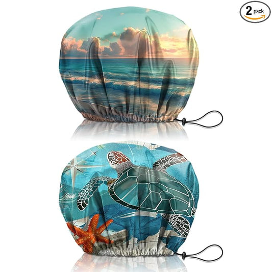 2 PCS Shower Cap Reusable Waterproof Double Layers Hair Caps Shower Bath Adjustable Elastic Hat for Women Girls Cute Aesthetic-Beach Sea Turtle
