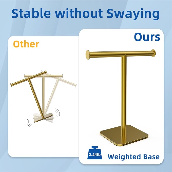 RUACQ Hand Towel Holder Stand, T-Shape Stainless Steel Free Standing Towel Rack, Vanity Countertop Towel Holder for Bathroom Kitchen Heavy Duty (Brushed Gold, 2 Pack)