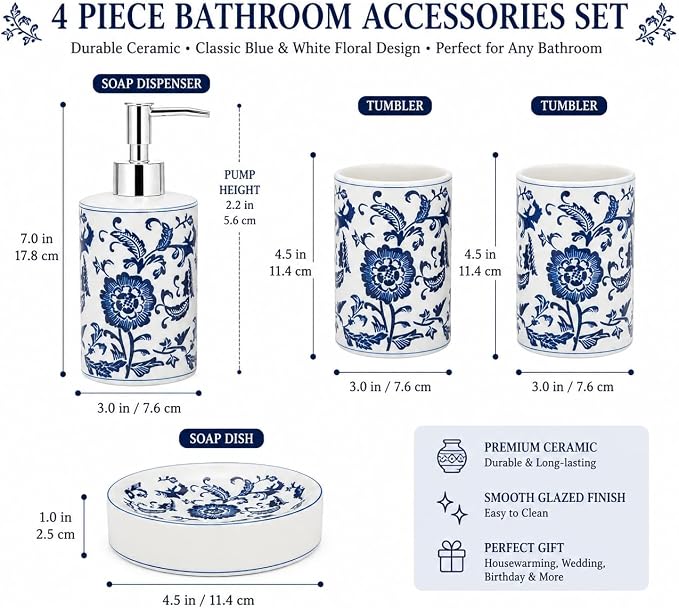 4 Piece Blue and White Ceramic Bathroom Accessories Set, Chinoiserie Floral Soap Dispenser, 2 Toothbrush Holders/Tumblers and Soap Dish, Porcelain Style Bath Countertop Decor