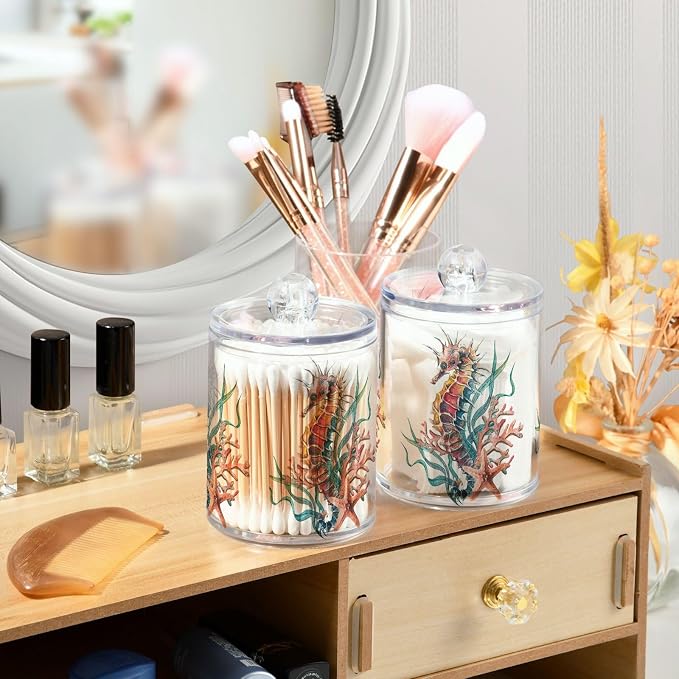 4 Pack Qtip Holder Dispenser Seahorse Starfish Watercolor Ocean Cotton Ball Cotton Swab Cotton Round Pads Floss Clear Bathroom Storage Containers Plastic Apothecary Jars with Lids