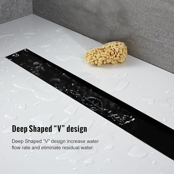 Linear Shower Drain, 36 inch Black Drain with Tile Insert 2-in-1 Panel, Brushed 304 Stainless Steel Shower Floor Drain, Linear Drain with Hair Strainer and Adjustable Feet
