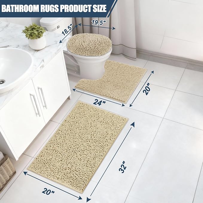 Bathroom Rugs Sets 3 Piece with Toilet Seat Cover 19.5"x 18.5" | Machine Washable Bath Rug Set with Tpr Non Slip Rubber Backing Solid Bath Mat Set for Luxury Bathroom Decoration