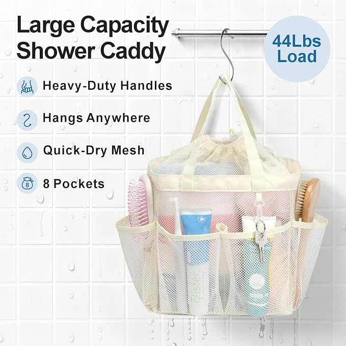 F-color Mesh Shower Caddy Portable with Drawstring -Upgrade Deeper 7 Pockets Dorm Room Essentials for Guys Girls with S Hook, Shower Bag Basket Tote for College Camping Gym Bathroom, Butter White