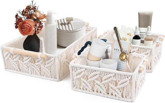 ANMINY 3PCS Macrame Storage Baskets for Organizing Boho Decor Baskets Storage Bins with Wood Handles Handmade Decorative Storage Boxes Desk Toilet Tank Bathroom Self Basket Organizer - Leaves