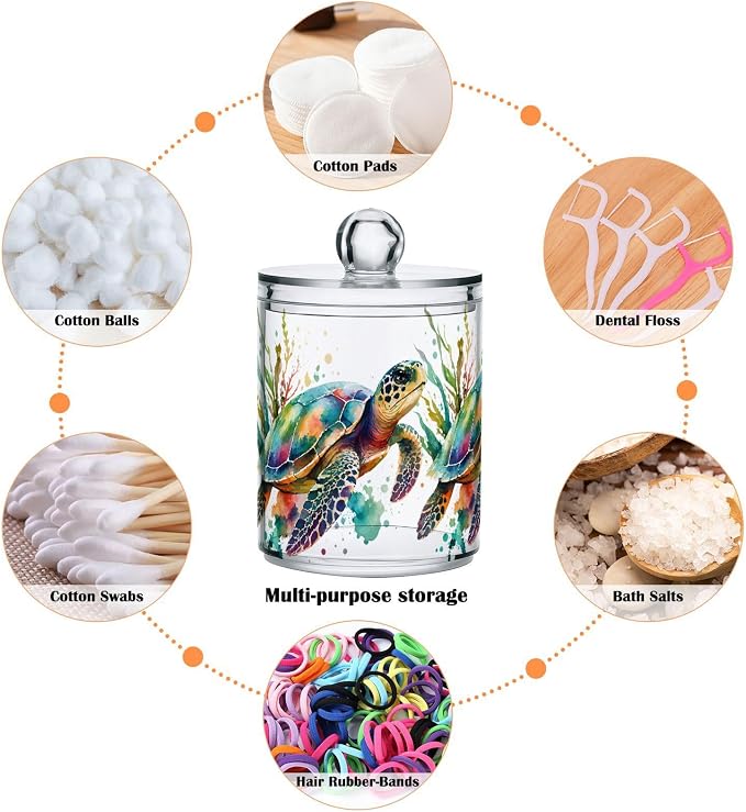 2 Pack Qtip Holder Dispenser for Cotton Ball, Swab, Round Pads - Turtle Watercolor Clear Plastic Acrylic Jar Set Bathroom Canister