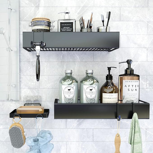 Shower Caddy Wall Mounted Stainless Steel Basket Shelf Shampoo Holder, Adhesive Shower Shelf Basket Rack Organizer, No Drilling Bathroom Shelf with Hooks, Kitchen Spice Holder-2 Pack