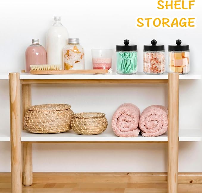 4 Pack Glass Apothecary Jars with Lids for Bathroom, Cute Qtip Holder, Black Bathroom Accessories Set, Small Bathroom Canisters with Lids for Q-Tips, Cotton Swabs, Black Bathhouses Decor