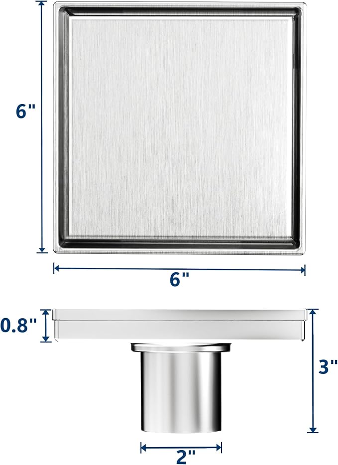 Neodrain Square Shower Drain with Removable Tile Insert Grate,304 Stainless Steel, CUPC Certified, Includes Hair Strainer (Brushed, 6 in)
