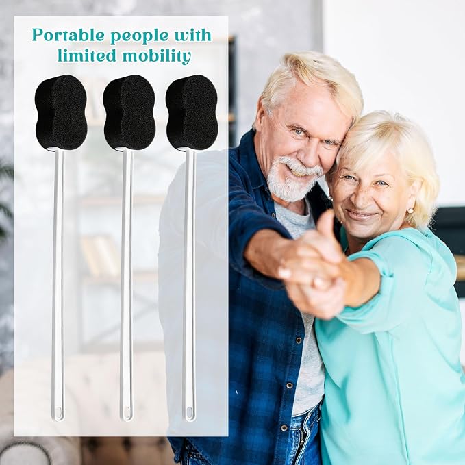 3 Pcs Long Handle Bath Sponge 22.4'' Back Sponge on a Stick Lightweight Back Washer Handled Butt Scrubber Shower Brush for Foot Body Cleaning Bathing Limited Motion (Black)