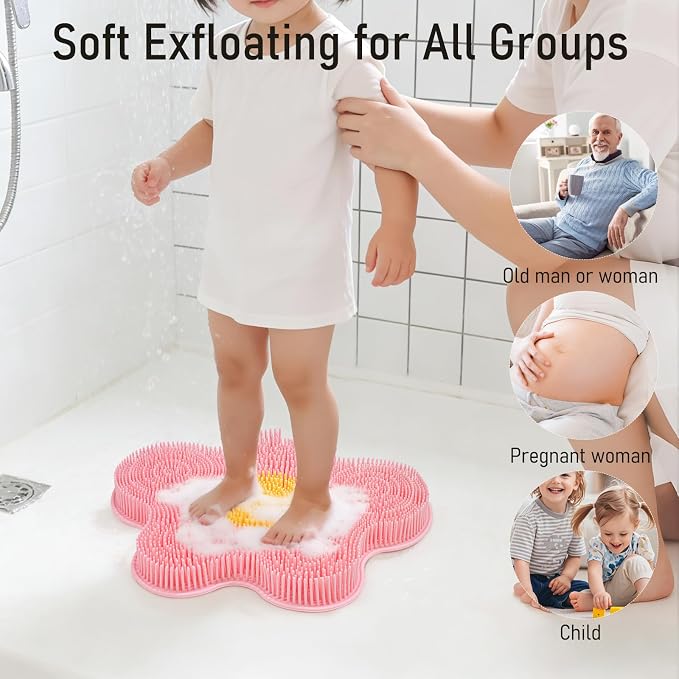 Shower Foot Scrubber Mat Silicone Back Scrubber Exfoliating Wall-Mounted, Feet Cleaner Message with Suction Cups Extra Long Bristles Washer Pad without Bending for Use in Shower Floor Women Pink