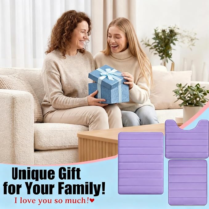 Memory Foam Bath Mat Set 3 Piece，Super Soft Absorbent Bathroom Rug Non Slip, Quick Dry,Machine Wash, Perfect Plush Bathroom Rugs,Home Decor Accessories,Lavender Purple