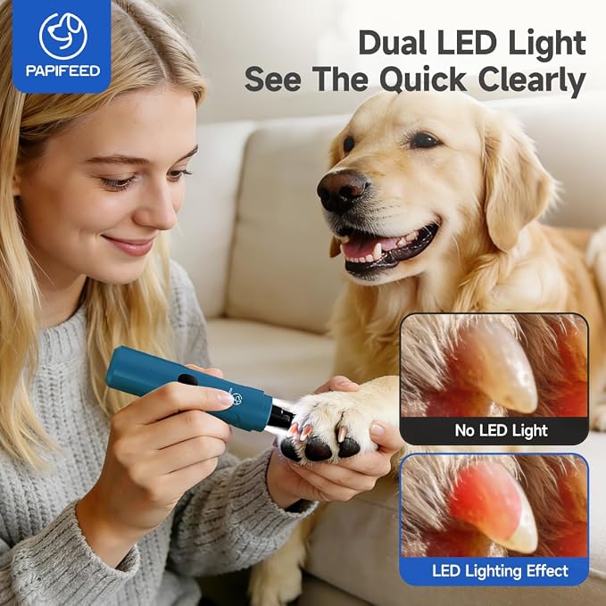 PAPIFEED Dog Nail Grinder with LED Light, Ultra Quiet 3-Speed Electric Nail File for Small Medium Large Dogs & Cats, Rechargeable Pet Nail Grinder with Trimmer (Blue)
