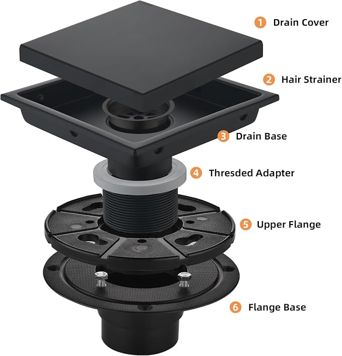 6-Inch Square Shower Drain, Matte Black Floor Drain with Flange, 304 Stainless Steel Bathroom 2-in-1 Tile Drain
