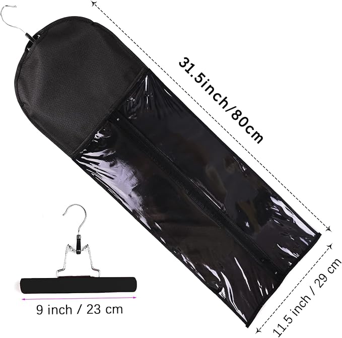 3PCS Extra Long Hair Extension Storage Bag Hairpieces Storage Holder with Wooden Hanger Dust-proof Portable Suit with Transparent Zip Up Closure- Light weight, Waterproof and Portable (Black)