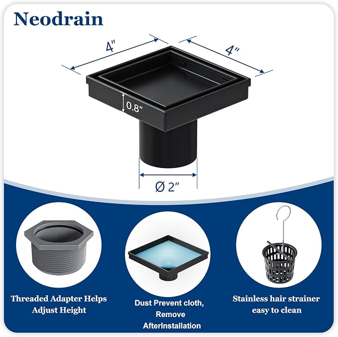 Neodrain Square Shower Drain with Removable Tile Insert Grate,304 Stainless Steel, CUPC Certified, Includes Hair Strainer (Matte Black, 4 in)