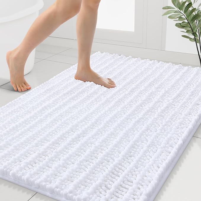 Smiry Bathroom Rugs 40X32, Extra Soft Rubber Backing Chenille Bath Mats | White Machine Washable Non Slip Quick Dry Bath Mats for Bathroom Floor, Tub, Shower, Home Decor Accessories