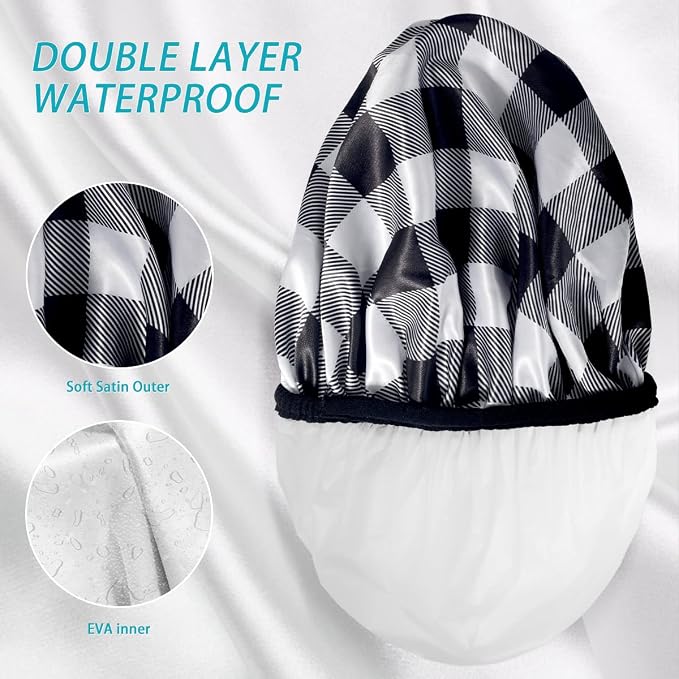 Aquior Shower Cap,4-Pack Large Shower Caps for Women Long Hair, Premium Soft Silky Satin Reusable Hair Cap For All Hair Lengths And Big Hairstyles