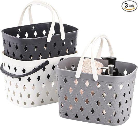 Hacaroa 3 Pack Portable Shower Caddy with Handles, Plastic Tote Storage Basket Toiletry Organizer Bin for Holding Soap, Shampoo, Cosmetics, Bathroom, College Dorm, Kitchen, Camp, Gym, 3 Colors