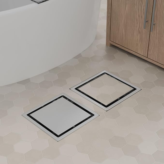 6 Inch Brushed Nickel Square Shower Drain with Flange,Modern Floor Drain with 2-in-1 Cover Tiled Insert Grate,SUS 304 Stainless Steel