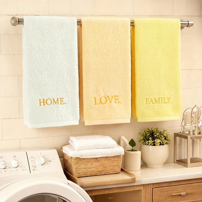 3 Pcs Hand Towels Bathroom Set,Yellow,Home Love Family | Embroidered Cotton Farmhouse Towels, Kitchen Decor, Rustic Boho Decorative with Text Labels, Guest Bath Home