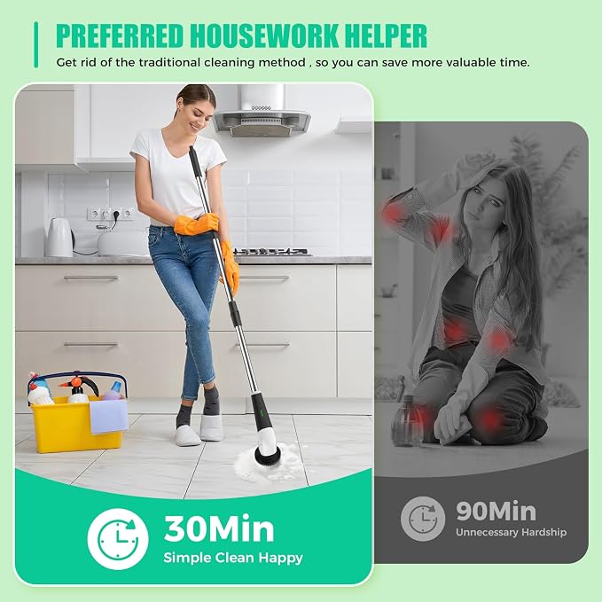 YKYI Electric Spin Scrubber, Cordless Power Cleaning Brush with Long Handle | 8 Brush Heads, 3 Handle Lengths, 2 Speeds, IPX7 Waterproof, 100-Minute Runtime for Tubs, Tile, Floors, Grout, Glass and Cars