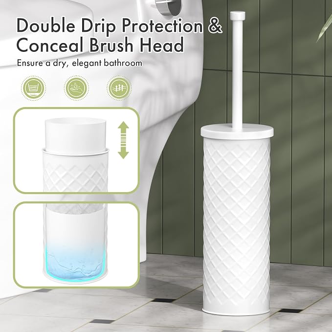 Toilet Bowl Brush and Holder Set 3 Pack with 6 Extra Brush Heads (White) | Extra Long Handle with Splash Guard Cover, Tool-Free Installation, Bathroom Space-Saving, Cleaner Sets for Apartments, RV