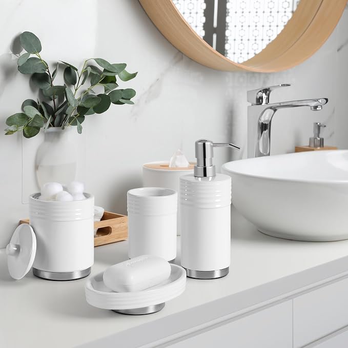 RQYIXI Ceramic 4-Piece Bathroom Accessories Set, White, Chrome Base | polished chrome metal base ribbed design with cotton canister hotel style countertop organization