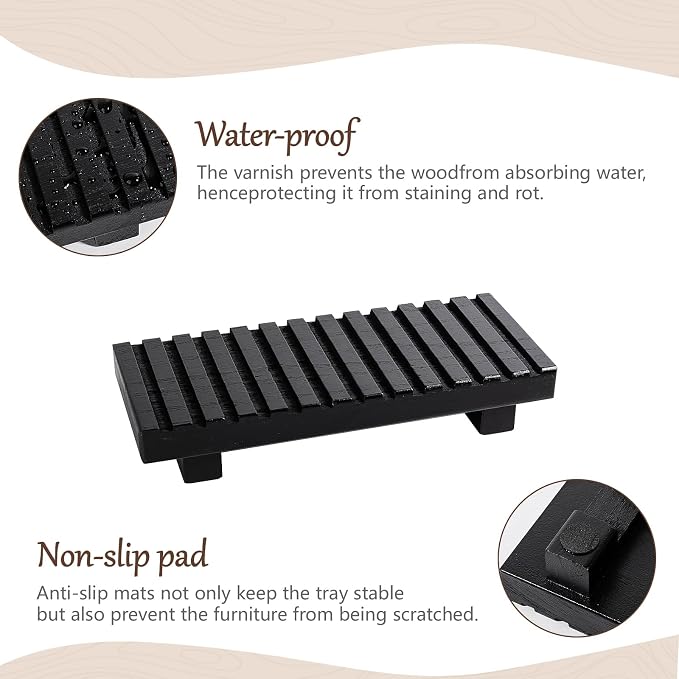 Bathroom Tray Rustic Farmhouse Bathroom Decor Wood Display Stand Riser Kitchen Soap Dish Holder for Vanity, Countertop, Sink, 8.6 * 3.6 Black