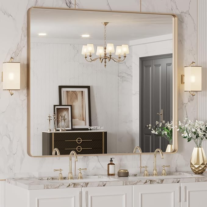 LOAAO 40”X36” Gold Bathroom Mirror, Rounded Rectangle Gold Frame Mirror, Brushed Gold Bathroom Vanity Mirror Wall-Mounted, Anti-Rust, Tempered Glass, Hangs Horizontally or Vertically | Rounded Rectangle, Brushed Gold Frame, Wall-Mounted, Anti-Rust, Tem...
