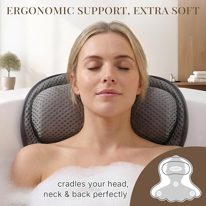 Bath Pillows for Tub, Luxury Bathtub Pillow for Head and Neck Support, Gray | Soft 4D Mesh, Padded Headrest, 6 Non-slip Suction Cups, Quick-drying, Machine Washable, Wash Bag Included, Bath Accessories