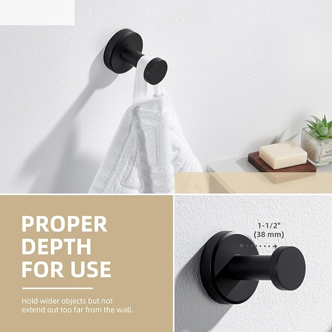 Angle Simple Towel Hook Matte Black, SUS304 Stainless Steel Bathroom Hand Towel Holder, Compact Round Robe Hook Wall Mount