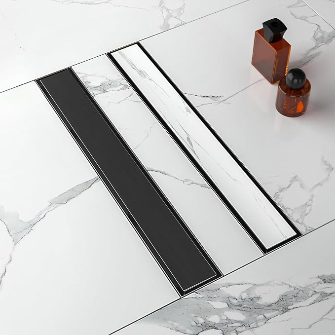 36-Inch Linear Shower Drain with Tile Insert Grate, SUS 304 Stainless Steel Linear Drain, Matte Black Long Rectangle Shower Floor Drain with Leveling Feet, Hair Strainer, Fits Bathroom