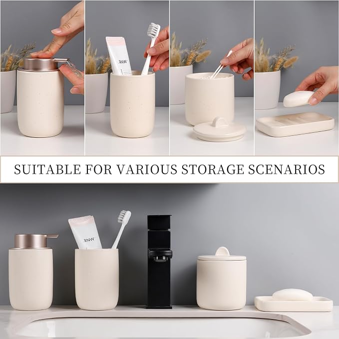 BosilunLife Apricot Ceramic Bathroom Accessories Set of 4 | Bathroom Decor Sets Accessories Bathroom Lotion Soap Dispenser and Toothbrush Holder Set, Soap Dish, Apothecary Jars.(Liquid)