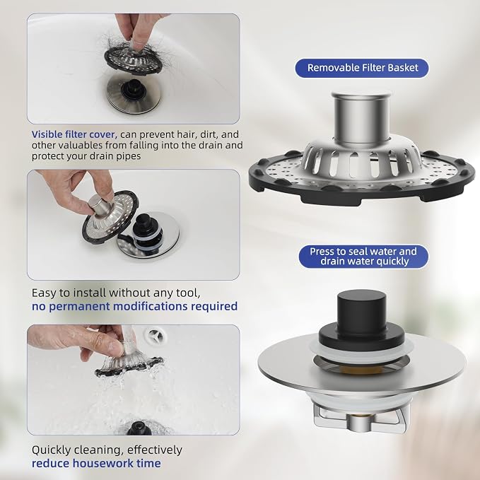 2PCS Universal Metal Bathtub Drain Stopper Top Hair Catcher, Brushed Nickel | Shower Drain Tub Stopper with Stainless Steel Visible Filter Basket, Upgraded 3 in 1 Pop-up Drain Plug for 1.5 to 2.4" Hole