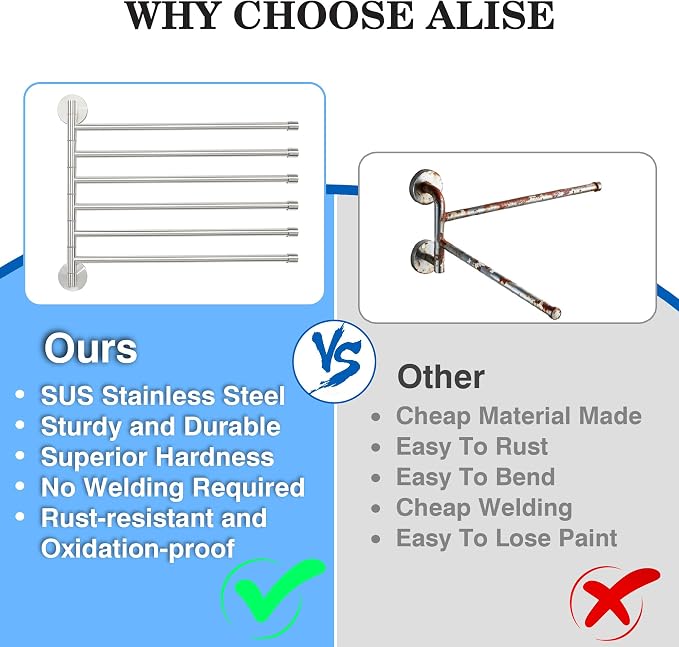 Alise Swivel Towel Rack, SUS304 Stainless Steel 6 Arms Towel Bar, Space Saving Swing Out Towel Rack, Towel Hanger for Bathroom, Wall Mount Drying Racks for Laundry, Brushed Nickel