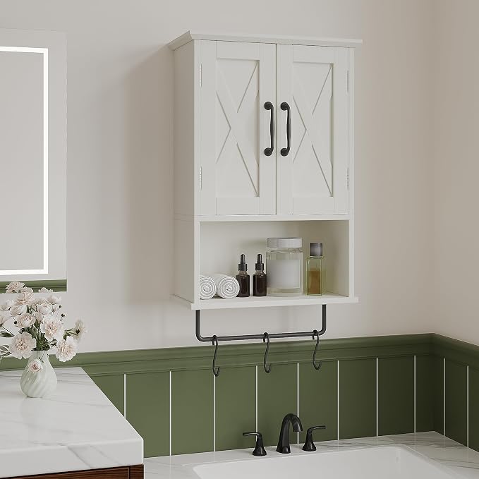 ChooChoo Farmhouse Medicine Cabinet, Bathroom Wall Cabinet with Adjustable Shelf, Towel Bar, 3 Hooks, Over The Toilet Storage Cabinet for Bathroom, Kitchen, White